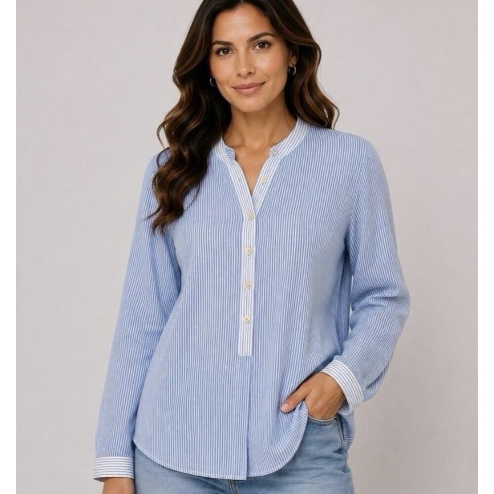 J Jill Henley Tunic Top Size Large Blue White Stripe Coastal Preppy Lightweight